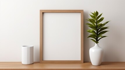 Fototapeta premium Blank vertical frame on a monochrome soft background in beige colors. Mock up for a photo or illustration