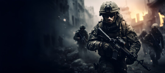 Special forces soldiers in action with assault rifle on the battlefield, Military war forces in action during a combat mission, War Concept illustration banner - obrazy, fototapety, plakaty