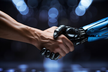 Businessman and AI Artificial Intelligence robot handshake. Business relationship, partnership and teamwork concept.