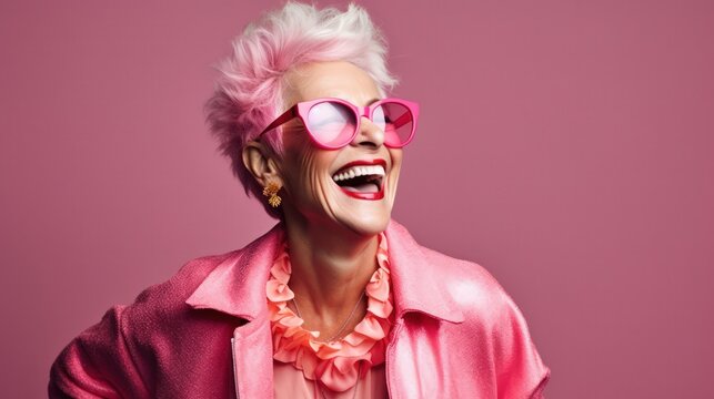 A stylish senior woman laughs joyfully, wearing pink sunglasses and a chic pink outfit, exuding confidence and zest for life
