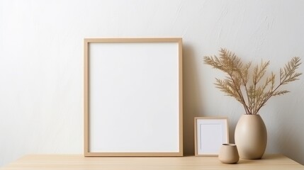 Blank vertical frame on a monochrome soft background in beige colors. Mock up for a photo or illustration
