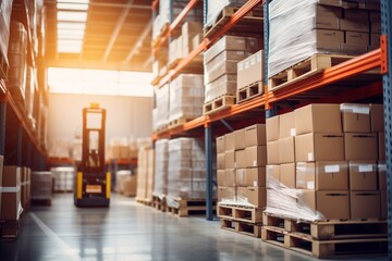 Product distribution center, Retail warehouse full of shelves with goods in cartons, with pallets and forklifts. Logistics and transportation concept.