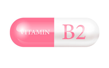 Capsule vitamin B2 (Thiamine) structure light pink, white. 3D Vitamin complex with chemical formula. Drug business. Personal care, beauty concept. Vector Illustration. Cut out PNG transparent pill.	