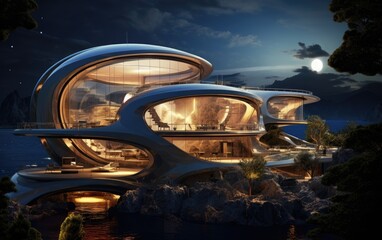 Modern futuristic architecture in the sunset sky background. 