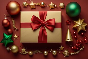 A festive environment with Christmas gifts and decorations on a flat red background. Perfect for holiday marketing and advertising. Green and red gifts are usually predominant.