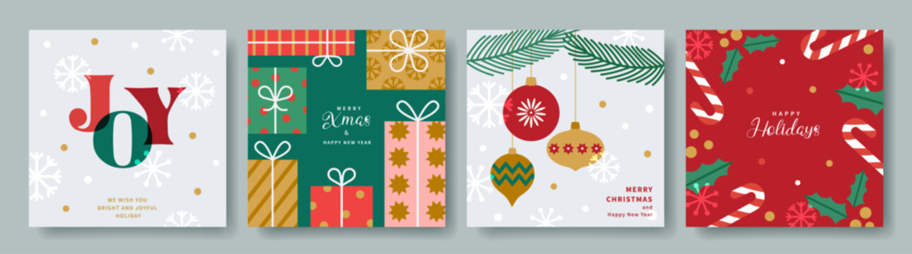 Merry Christmas and Happy New Year set of greeting cards. Modern geometric Xmas design with typography,  Christmas tree and balls, gifts, holly, candys. Vector templates banner, poster, holiday cover.
