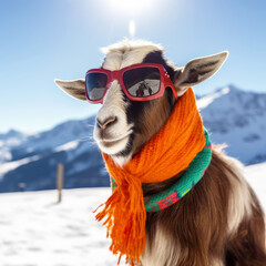 Lustige Ziege im Winter in den Bergen trägt eine Sonnenbrille und einen Schal - obrazy, fototapety, plakaty