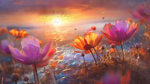 beautiful landscape  flowers in the morning  with sunset with anime or cartoon style. seamless looping time-lapse virtual video animation background.	
