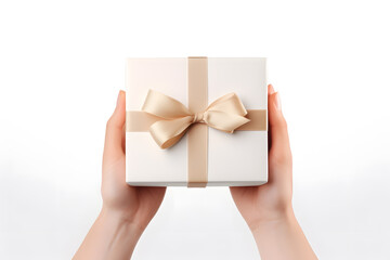 Woman hands holding present box isolated 
