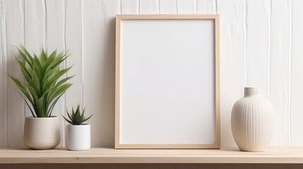 Blank vertical frame on a monochrome soft background in beige colors. Mock up for a photo or illustration
