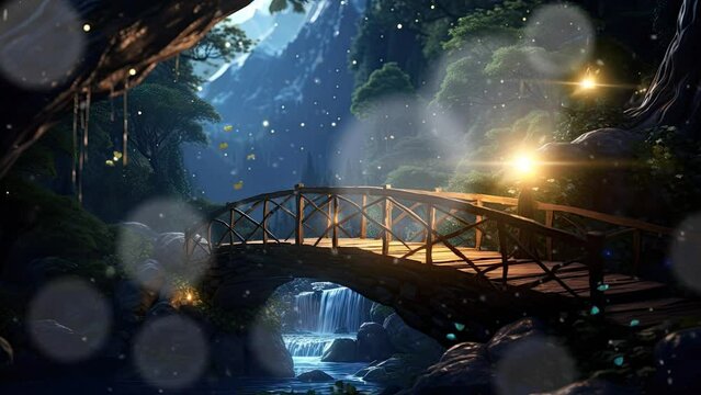 Beautiful fantasy landscape bridge at night with anime or cartoon style. seamless looping time-lapse virtual 4k video animation background.