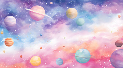 Watercolor planets, solar system background