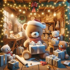 In a cozy, light-filled workshop, plush teddy bears in festive attire are surrounded by wrapped gifts. Fairy lights twinkle, and holiday decor adorns the brick walls, setting a warm Christmas scene.