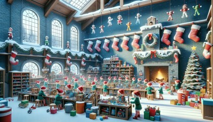 Christmas workshop teems with elves crafting toys. Stockings hang from snowy shelves, toys dangle from the ceiling, and a cozy fireplace warms a decorated tree, evoking festive cheer.
