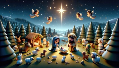  Nativity scene unfolds under a starry night. Angels hover, while Mary and Joseph adore baby Jesus. Surrounding them are shepherds, animals, and trees, all illuminated by the guiding star. - obrazy, fototapety, plakaty