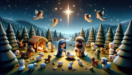 Fotobehang  Nativity scene unfolds under a starry night. Angels hover, while Mary and Joseph adore baby Jesus. Surrounding them are shepherds, animals, and trees, all illuminated by the guiding star. © Tom