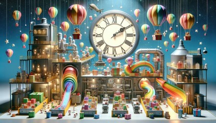 Christmas toy factory landscape buzzes with activity. Hot air balloons float in the starry sky above a massive clock, while colorful rainbows pour onto conveyors.