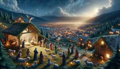 Nativity scene unfolds on a hill overlooking a luminous town. An angel graces the roof of a stable, where the Holy Family gathers, surrounded by villagers and animals - obrazy, fototapety, plakaty