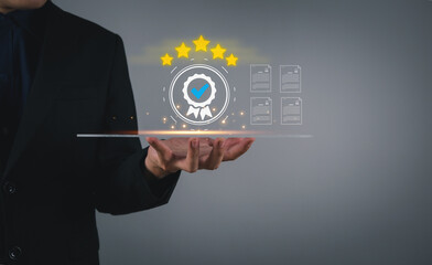 Quality assurance concept top service 5 star businessman showing the symbol of top service Standard Warranty ISO Certification and International Standard Concept