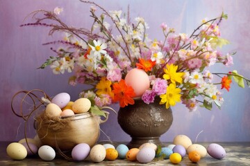 Fototapeta na wymiar Easter-themed arrangement of flowers and eggs on a bright background. Generative AI