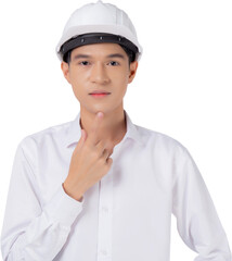 Portrait young asian engineer man wearing helmet thinking idea, architect or contractor with planning and thoughtful, contractor consider with solution, industrial concept.