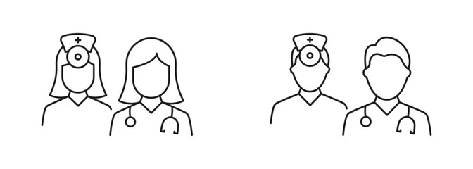Fototapeta premium Woman and Man Doctors Team Black Line Icon Set. Medical Specialists Group Pictogram. Healthcare Professional Nurse, Hospital Staff Symbol Collection. Editable Stroke. Isolated Vector Illustration
