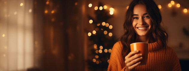 Cosy woman in winter enjoying a hot and warming beverage. Tea, Coffee or hot chocolate concept.
