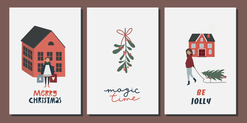 New Year's banner. A set of postcards on a Christmas theme. People and Christmas. Magic time