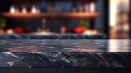 Modern kitchen with an empty dark marble countertop, blurred warm background, showcasing a luxurious and sophisticated interior design - obrazy, fototapety, plakaty