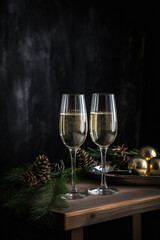 Champagne two glasses on rustic wooden table with holiday decorations on black background.