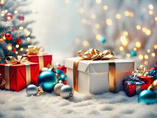 Christmas gifts, Christmas tree and blurred lights