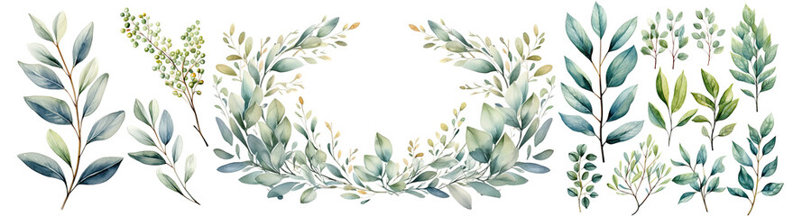 Watercolor leaves and branches , leaves Green color, Leaf elegant hand drawn , wedding invitations, greeting cards, gift tags illustration, leaves and branches isolated transparent background, PNG