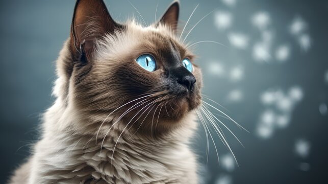 Portrait of a beautiful Burmese cat with blue eyes. Light background