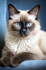 Naklejka na ściany i meble Portrait of a beautiful Burmese cat with blue eyes. Light background