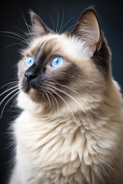 Portrait of a beautiful Burmese cat with blue eyes. Light background