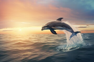 Expansive Dolphin sky sea. Animal jump couple. Generate Ai