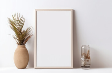 Blank vertical frame on a monochrome soft background in beige colors. Mock up for a photo or illustration