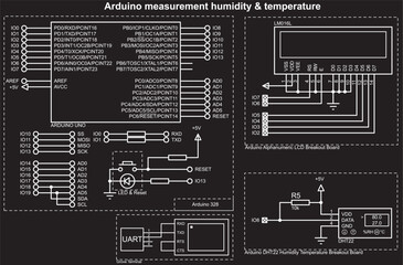 Vector schematic diagram of an electronic device on the arduino.
Connecting an expansion board with a humidity & temperature sensor and 
lcd display to an arduino. Measurement humidity and temperature - obrazy, fototapety, plakaty