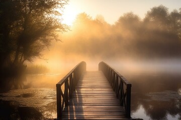 A wooden bridge with mist over a lake at sunrise. Generative AI