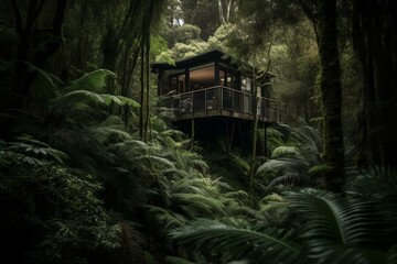 A dwelling surrounded by trees. Generative AI