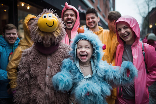 A child dressed up in a funny costume, surrounded by amused family members