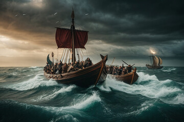 Dramatic moment from a Viking saga, complete with longships, fierce warriors, and a stormy sea backdrop.