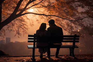 A couple sitting together on a park bench, lost in their own thoughts