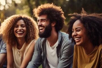 A diverse group of people laughing together, perhaps in a park or a casual setting