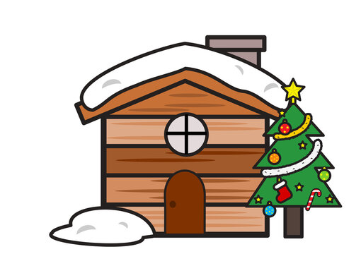 クリスマスツリーと雪が積もる小屋