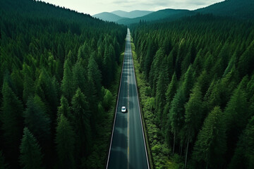 Top view of beautiful curved road in the tall tree forest. - obrazy, fototapety, plakaty