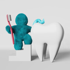 Cute turquoise fur Yeti brushing white healthy tooth with toothpaste 3D rendering.Creative dental cleaning advertisiment Enamel whitening Tartar Plaque removal Sensitivity Caries Toothbrush Bad breath