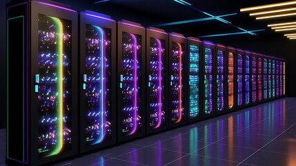 Supercomputer. Huge high performance cyber tech super computer system server room. Artificial intelligence - AI and digital technology concept. Backup data center and information provider