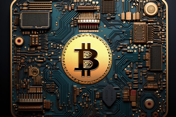Fototapeta premium Abstract motherboard with bitcoin