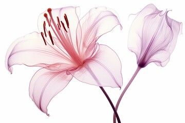 An x-ray of a flower, specifically a lily, isolated on a white background. Generative AI